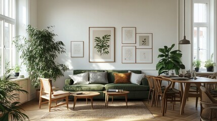 Wall Mural - A living room with a green couch, a coffee table, and a potted plant