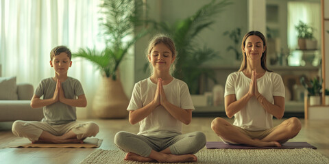 Mother is practicing yoga and meditation with his two daughters in their living room, promoting health and wellness as a family