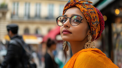 Wall Mural - Young Indian woman attending a cultural event in Paris, capturing the essence of Parisian