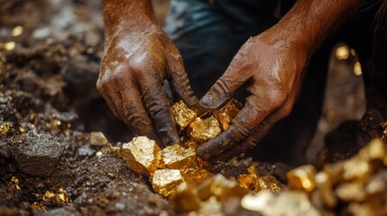 Close-up of a gold miner muscular arms and hands working with heavy mining tools, highlighting the sweat and effort as they extract gleaming gold nuggets