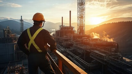 Industrial worker on construction site at sunset, panoramic landscape view