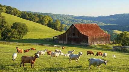 A peaceful goat farm in the countryside, with a flock of goat grazing on green pastures. Hills and a rustic barn in background.