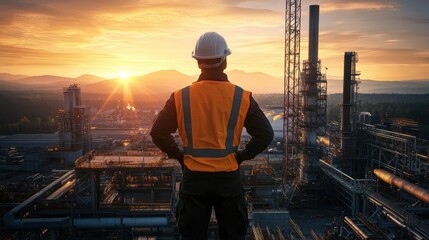 Industrial worker on construction site at sunset, panoramic landscape view