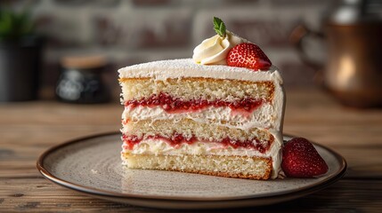 Delicious slice of strawberry cake with creamy frosting, perfect for dessert lovers and special occasions.