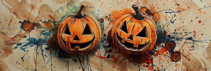 Canvas Print - Wooden Jack O'Lantern Decorations on Paper with Ink Lines and Splatter