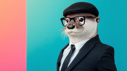 Otter in Suit and Glasses on Blue and Pink Background