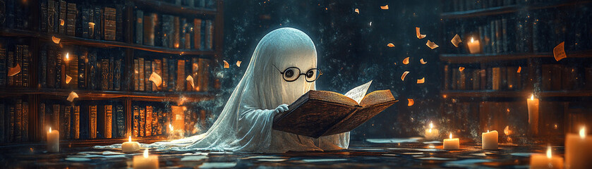 A ghostly figure with glasses reads an ancient book in a dimly lit, haunted library, surrounded by floating candles and magical, glowing pages.