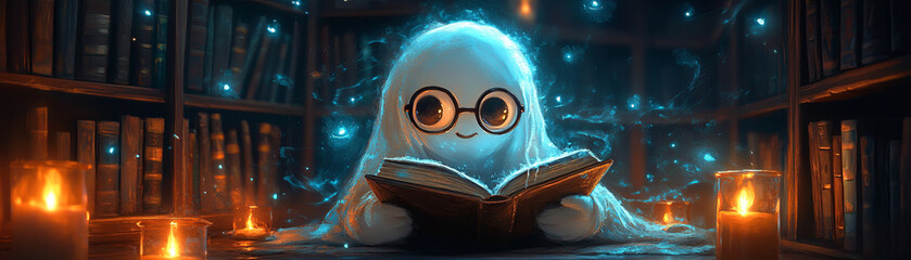 A cute ghost with round glasses reads a magical, glowing book in a library, surrounded by floating candles and a mystical atmosphere.