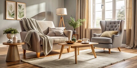 Wall Mural - Soft-filtered warm light wraps around plush gray velvet armchair, rustic wooden coffee table, and soothing textures of throw blankets and chunky rugs in serene harmony.