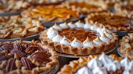 A colorful assortment of delicious pies with various toppings and crusts, perfect for any dessert table or festive gathering.