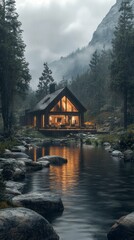 Poster - A cabin is surrounded by a river and mountains