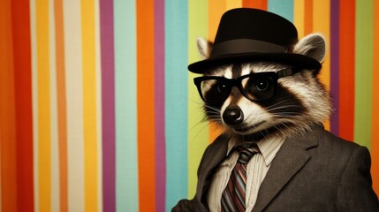 Raccoon in Suit  Hat and Glasses Against Colorful Striped Background