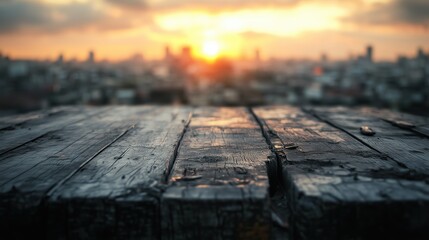 Wall Mural - Empty wooden table with post-apocalyptic city on background