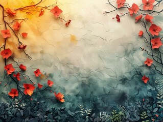 Wall Mural - Dreamy Autumn Landscape with Flowers