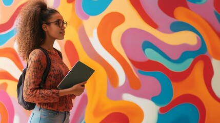 Young Woman with Afro Hairstyle Standing in Front of Colorful Abstract Wall