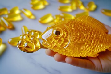 Close up of fish oil capsules shaped like a fish symbolizing the connection between omega 3 fatty acids and brain health emphasizing the benefits of supplementation