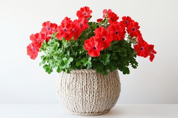 Wall Mural - A vibrant arrangement of red flowers in a decorative woven pot.