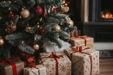 Wall Mural - Christmas tree with many ornaments and a few presents underneath it. Scene is festive and joyful