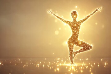 Person in a glowing tree yoga pose surrounded by luminous particles in a serene environment symbolizing balance growth and spiritual grounding