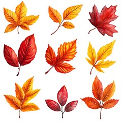 Wall Mural - An autumn leaves set features a vibrant collection of orange, red, and yellow watercolor leaves.