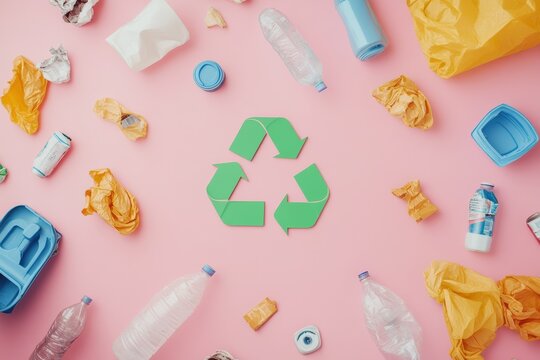 Recycling symbol and different garbage on white background, top view