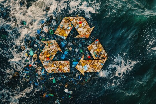 Recycling symbol and different garbage on white background, top view