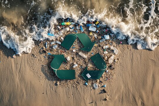 Recycling symbol and different garbage on white background, top view
