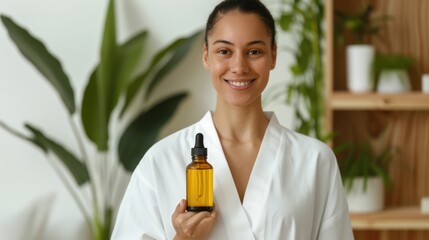 Wall Mural - Close up of a woman s face as she gently massages a nourishing facial oil into her skin creating a serene and rejuvenating skincare moment with a soft blurred background