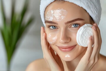 Smiling woman applying a face mask in a bright bathroom representing self care beauty and the nurturing rituals of skincare in a modern peaceful setting