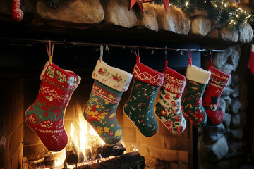 row of Christmas stockings hanging from a fireplace mantle. The stockings are of different colors and patterns, and they are all hanging on a string. The scene conveys a warm and festive atmosphere