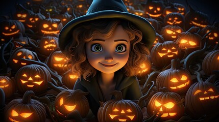 Canvas Print - Cartoon witch with fantasy pumpkins. Generation AI  