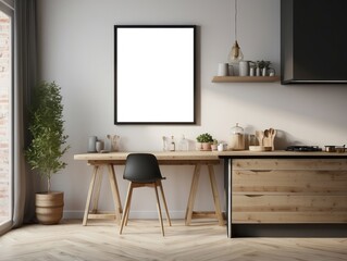 Wall Mural - Minimalist Kitchen with Wooden Table, Black Chair, and Empty Frame