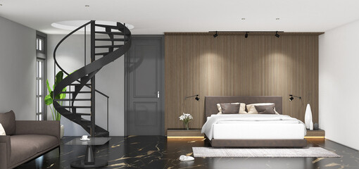 Wall Mural - 3d render of minimal bedroom with black spiral stairs and frame mockup. Black marble, floor, wood louvre backdrop and white ceiling. Set 1