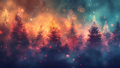 Wall Mural - abstract digital painting of christmas pine trees with colorful lights, featuring a blurred backgrou