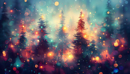 Wall Mural - abstract digital painting of christmas pine trees with colorful lights, featuring a blurred backgrou