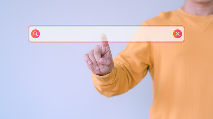 Poster - User finger presses the search button on a virtual screen to retrieve data. Concept highlights using a searching console with your website, Search technology involving SEO.
