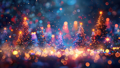Wall Mural - abstract digital painting of christmas pine trees with colorful lights, featuring a blurred backgrou