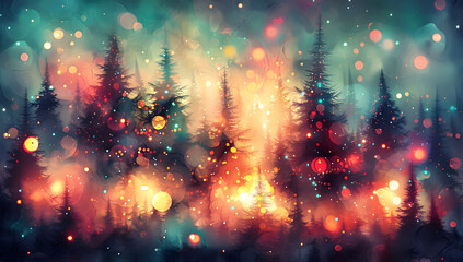 Wall Mural - abstract digital painting of christmas pine trees with colorful lights, featuring a blurred backgrou