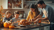 © Keitma - Family working together to prepare a delicious Thanksgiving dinner feast in their cozy kitchen. Parents are busy with the turkey and side dishes, children help with preparation for a festive night