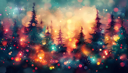 Wall Mural - abstract digital painting of christmas pine trees with colorful lights, featuring a blurred backgrou