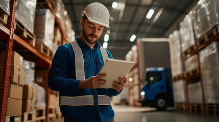 Wall Mural - A worker in a warehouse checks data on a tablet while surrounded by boxes and a truck.