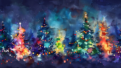 Wall Mural - abstract digital painting of christmas pine trees with colorful lights, featuring a blurred backgrou