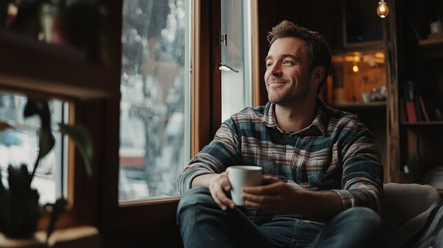 Adult caucasian man sit and hold coffee look out the window at home and smile. copy space for text.