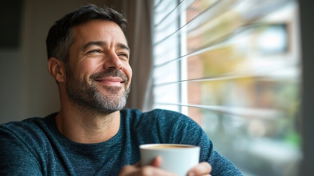 Adult caucasian man sit and hold coffee look out the window at home and smile. copy space for text.