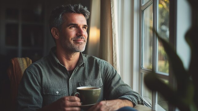 Adult caucasian man sit and hold coffee look out the window at home and smile. copy space for text.