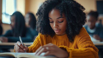 Poster - African American university student writing in her notebook while studying in the classroom.