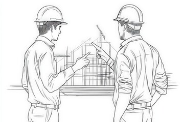 Single continuous line drawing of young architect discussing construction design with foreman manager. Building architecture business concept. One line draw design vector graphic illustration