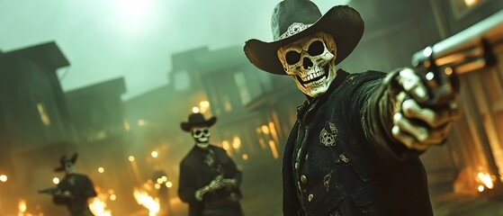 Skeleton cowboys engaged in a thrilling shootout on the streets of a haunting fog shrouded Wild West city during a Halloween night  The scene is filled with an eerie