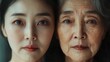 © pornsawan - Young woman and her elderly mother take care of their skin and look great,Two generations,Beautiful middle aged mother and her adult daughter,skincare and Aging concept,Comparison of young and old.