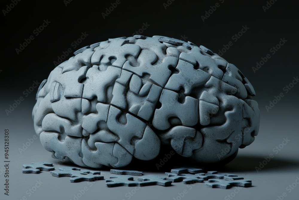 3D rendering of a brain made entirely of puzzle pieces partially ...